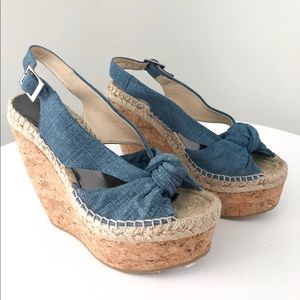 Jimmy choo blue denim cork wedge pumps